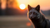 Gray wolf portrait at golden hour sunset with warm orange light creating dramatic silhouette against blurred background for wildlife photography projects.