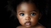 Young African American girl with striking blue eyes and natural curly hair against dark background, dramatic studio lighting creates emotional portrait.