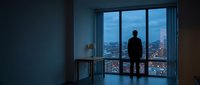 Man in dark business suit standing at floor-to-ceiling window overlooking illuminated cityscape at dusk, contemplating urban skyline from high-rise apartment or office building.