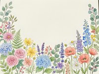 Watercolor wildflower border with roses, poppies, hydrangeas, lavender and daisies on white background with copy space for text.