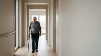 Senior Caucasian man with walking cane moving through modern healthcare facility corridor with natural lighting and clean architectural design.