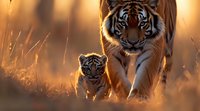 Bengal tiger mother and cub walking through tall golden grass at sunset, dramatic lighting creates silhouette effect against warm background, wildlife scene.