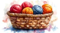 Colorful yarn balls in woven basket against watercolor background, featuring red, orange, yellow and blue wool skeins for knitting and crafting projects.