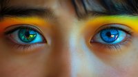 Close-up portrait of young woman with vibrant rainbow eyeshadow makeup and striking blue eyes for beauty and cosmetic advertising campaigns.