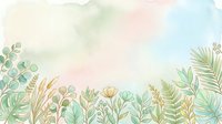 Soft watercolor botanical background with pastel green leaves, tropical plants, and delicate flowers, perfect for cards, invitations, and social media.
