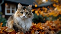 Adorable fluffy kitten with orange and white fur sitting among colorful autumn leaves in cozy neighborhood setting during golden hour light.