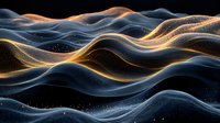 Abstract wavy lines with glowing golden and blue particles creating dynamic flowing motion against dark background. Futuristic design element for technology concepts.