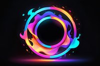 Vibrant liquid rainbow circle frame with flowing neon colors and splashing effect on dark background, glowing multicolored ring design element for creative projects.