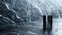 Black minimalist cosmetic jar with water drops on dark marble surface against dramatic mountain background, luxury skincare product photography.