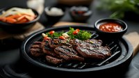 Juicy grilled beef steak with sesame seeds and fresh vegetables served on black plate. Asian style meat dish with soy sauce and side dishes in dark setting.
