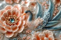 Luxurious peach flowers with turquoise feathers and crystal embellishments create an elegant composition against soft blurred background for decorative art.