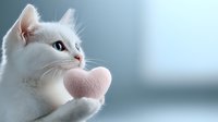 White cat holding pink heart shape against soft blue background, romantic pet portrait with gentle lighting and shallow depth of field. Suitable for valentines cards.