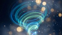 Glowing spiral vortex with blue and green neon light trails swirling in dark space, surrounded by bokeh particles and floating light orbs, suitable for technology and energy concepts.
