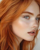 Close up portrait of young woman with natural ginger hair, freckles and green eyes looking at camera. Soft beauty makeup and natural skin texture.
