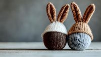 Cozy knitted Easter bunnies with long ears in brown and gray colors sitting together on wooden surface against blurred background, festive spring decor.