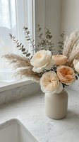 Elegant floral arrangement with cream roses, pampas grass and eucalyptus in ceramic vase on marble surface near window for home decor and interior design.