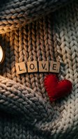 Wooden letter tiles spelling LOVE with a red felt heart on a cozy knitted wool blanket, perfect for Valentine's Day and romance concepts.