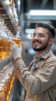 Young Hispanic male quality control specialist in safety glasses examining whiskey bottle in distillery warehouse, wearing protective gloves and casual workwear.