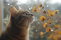 Curious tabby cat observing yellow wildflowers on blurred bokeh background. Close-up portrait of domestic pet exploring nature in soft morning light.