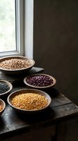 Assorted legumes and beans in wooden bowls on dark table by window with natural light, showcasing chickpeas, lentils, and kidney beans for cooking and nutrition content.