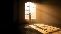 Silhouette of woman standing by large arched window with dramatic sunlight streaming through, creating long shadows on floor in empty room.