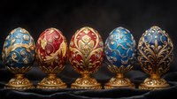 Ornate decorative eggs with golden filigree patterns on blue and red enamel backgrounds, displayed on elegant metal stands against dark background.