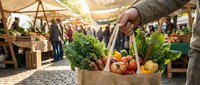 Shopper holding cardboard bag filled with fresh vegetables and produce at outdoor farmers market with vendors and customers in background.