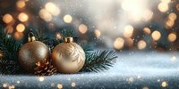 Elegant gold and champagne Christmas baubles with snowflake patterns on snowy surface against blurred bokeh lights background with fir branches and sparkles.