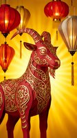Red ornate goat with golden patterns surrounded by colorful lanterns for lunar new year celebration and festival decorations.