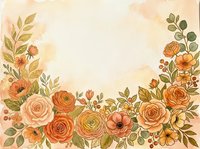 Watercolor floral border with orange and peach roses, green leaves, and berries on warm beige background with copy space for text.