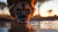 Male lion drinking water at sunset, close-up portrait with water drops and golden light reflection creating dramatic atmosphere in African savanna.