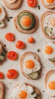 Sunny side up eggs on toast rounds with fresh cucumber slices and cherry tomatoes arranged on light background, creative breakfast food flatlay pattern.