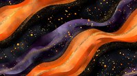 Cosmic waves of orange and purple flowing through dark space with glittering gold particles creating abstract celestial pattern.