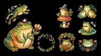 Cute frog clipart set isolated on transparent background, featuring fairy tale frogs with mushroom, crown, book, and floral wreath for stickers, t-shirt design, print on demand.
