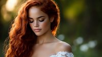 Young redhead woman with curly hair in white lace dress outdoors with soft natural lighting and bokeh background for beauty and fashion concepts.