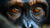 Close-up portrait of young chimpanzee face showing detailed amber eyes and expressive facial features against dark background, dramatic wildlife photography.