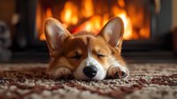 Adorable corgi dog sleeping peacefully on carpet in front of warm glowing fireplace creating cozy home atmosphere for pet care and comfort concepts.