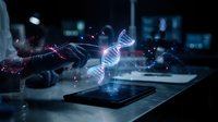 Futuristic holographic DNA double helix emerging from tablet screen with glowing particles and digital effects in modern laboratory setting for biotechnology.