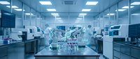 Modern laboratory interior with advanced scientific equipment and sterile white surfaces under bright fluorescent lighting for research and analysis work.