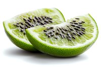 Fresh green kiwi slices showing juicy pulp and black seeds on white background, macro shot with soft shadows, isolated food photography.