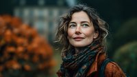 Middle-aged Caucasian woman with curly brown hair wearing orange sweater and patterned scarf outdoors in autumn setting with warm natural lighting.