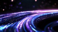 Glowing curved light trails with sparkling particles in space, featuring vibrant blue and purple neon colors against dark background. Dynamic motion effect.