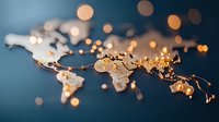 World map glowing network lines connecting continents with golden bokeh lights on dark blue background, global business connectivity concept.