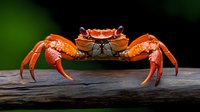 Orange freshwater crab with extended claws positioned on wooden surface against blurred green natural background for wildlife and nature photography projects.
