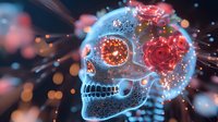 Glowing blue skull with red roses and magical sparkles on dark background with bokeh lights creates mystical atmosphere for Halloween designs and gothic art.