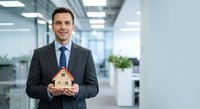 Professional businessman in suit holding wooden house model in modern office environment for real estate investment concepts.