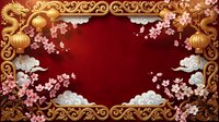 Chinese New Year festive frame with golden dragons, lanterns, cherry blossoms and clouds on red background for holiday greeting cards and decorations.