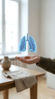 Human hand holding holographic blue lungs model floating above palm in bright medical office interior for respiratory health awareness and lung care.
