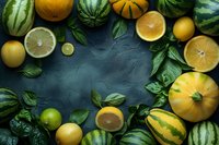 Fresh citrus fruits and melons arranged in frame composition on dark textured background with green leaves, perfect for food blogs, healthy eating content and summer menu designs.