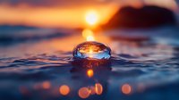 Macro photography of water drop reflecting golden sunset over ocean waves, with bokeh light effects creating dreamy atmosphere on blue water surface.
